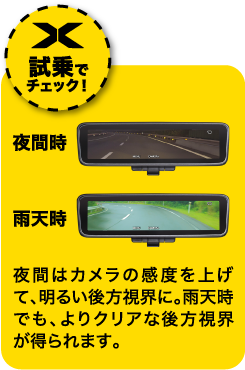 夜間はカメラの感度を上げて、明るい後方視界に。雨天時でも、よりクリアな後方視界が得られます。